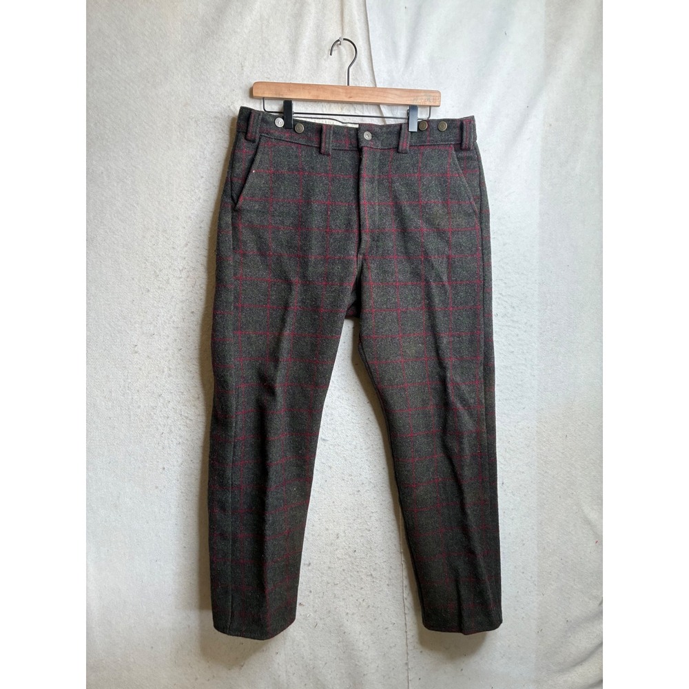 Codet Mens 100% Wool Plaid Pants Grey Red Windowpane Suspender Buttons 36x31